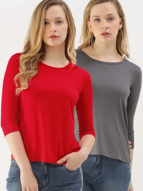 

DressBerry Women Red & Grey Pack of 2 Solid Round Neck T-shirts