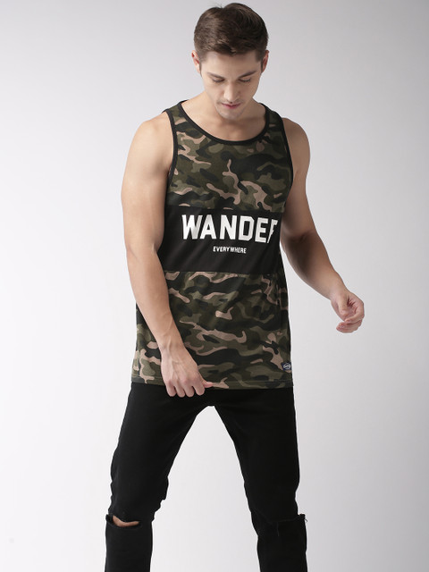 

Flying Machine Men Olive Green Black Printed Round Neck Pure Cotton T-shirt