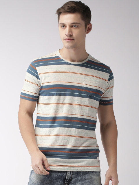 

Flying Machine Men Off-White & Blue Striped Round Neck T-shirt