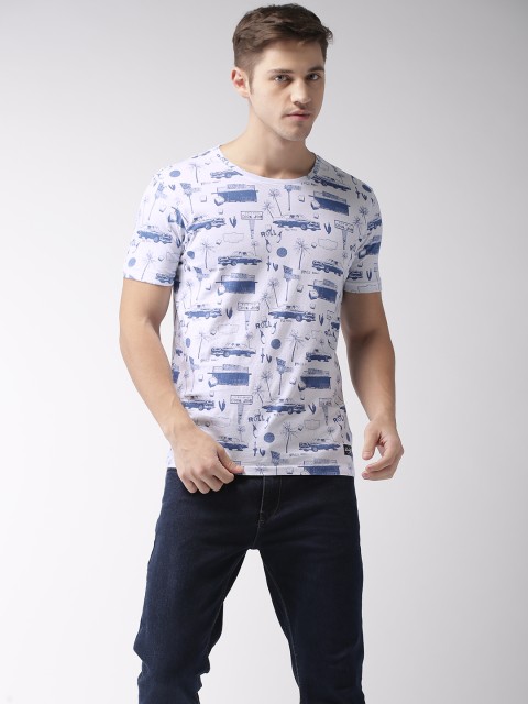 

Flying Machine Men Blue & White Printed Round Neck T-shirt