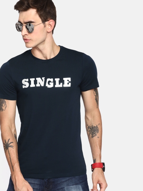 

SINGLE Men Navy Blue Printed Round Neck T-shirt