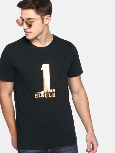 

SINGLE Men Black Printed Round Neck T-shirt