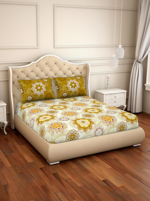 

CORE Designed by SPACES Olive Green & Beige Floral 144 TC Cotton 1 Queen Bedsheet with 2 Pillow Covers
