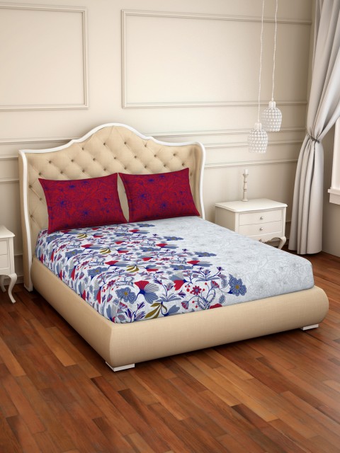 

CORE Designed by SPACES Red & Grey Floral 144 TC Cotton 1 Queen Bedsheet with 2 Pillow Covers
