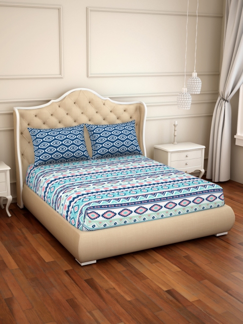 

CORE Designed by SPACES Blue & Green Abstract 144 TC Cotton 1 Queen Bedsheet with 2 Pillow Covers