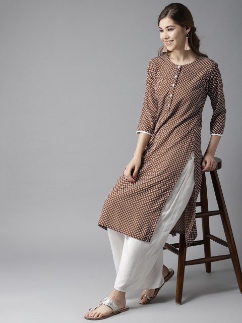 

HERE&NOW Women Brown & White Checked Straight Kurta