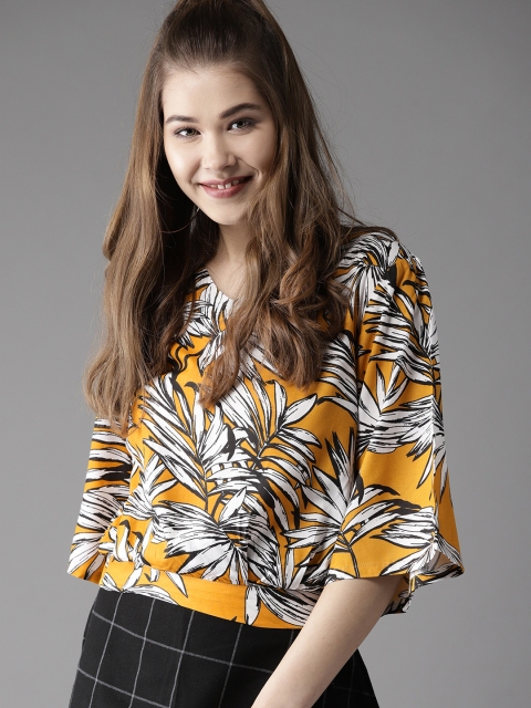 

HERE&NOW Women Mustard Yellow & White Printed Blouson Top