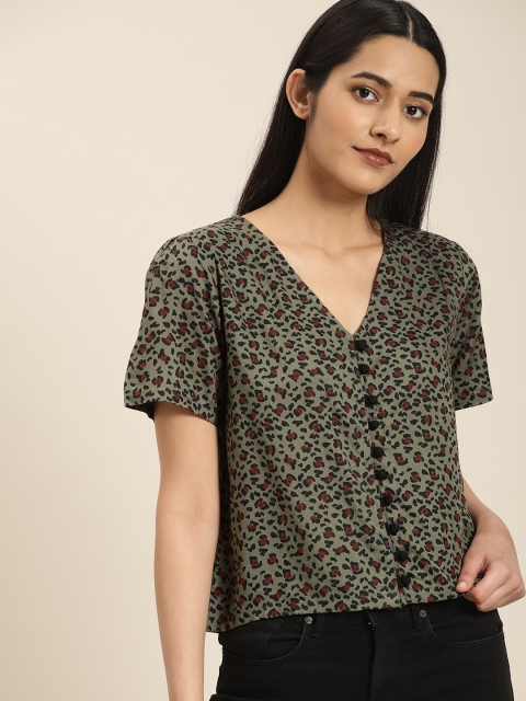 

Moda Rapido Women Olive Green & Maroon Animal Print Boxy Top