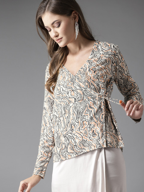 

Moda Rapido Women White & Black Printed Wrap Top