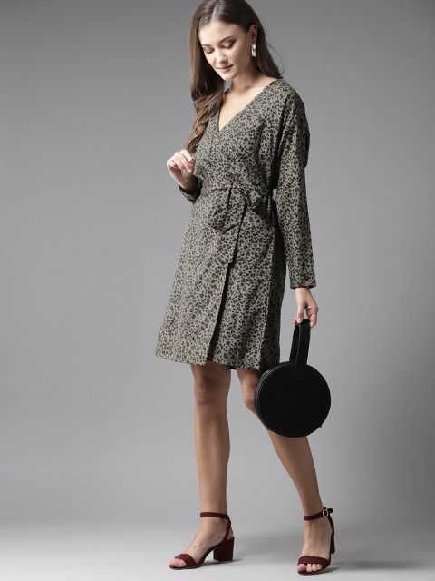 

Moda Rapido Women Olive Green & Black Printed Wrap Dress