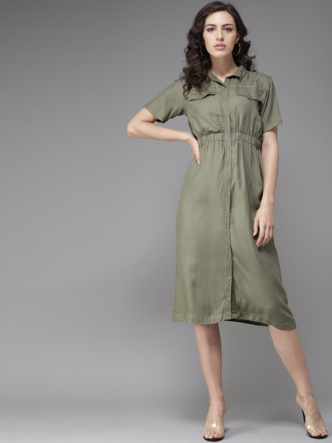 

Moda Rapido Women Olive Green Solid Midi Shirt Dress