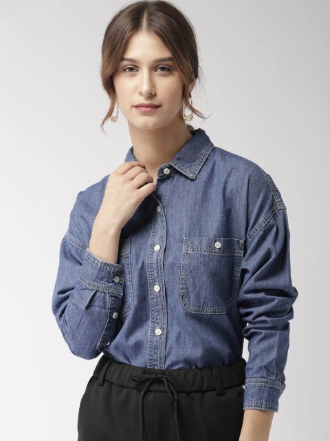 

FOREVER 21 Women Blue Regular Fit Solid Denim Casual Shirt