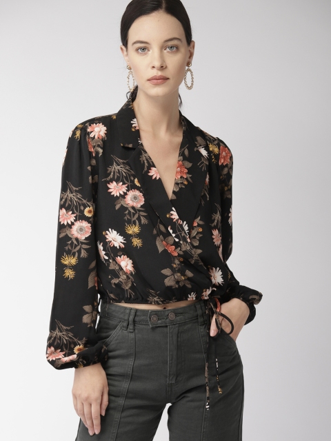 

FOREVER 21 Women Black Printed Crop Wrap Top