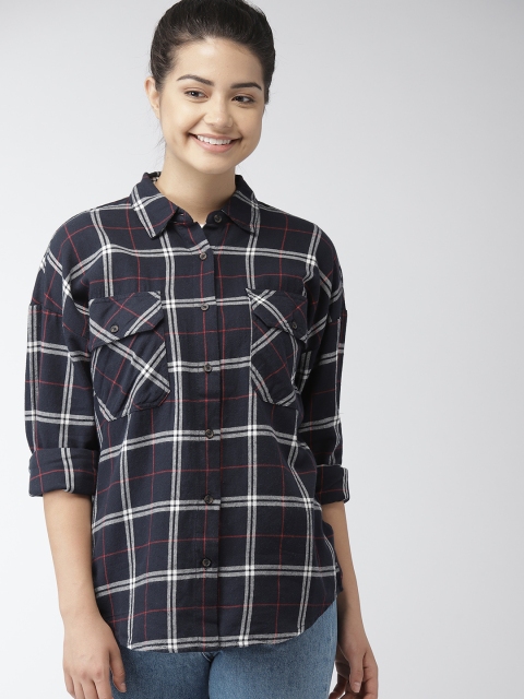 

FOREVER 21 Women Navy & White Regular Fit Checked Casual Shirt, Navy blue