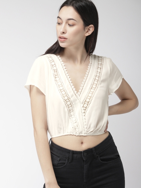 

FOREVER 21 Women White Self Design Blouson Crop Top