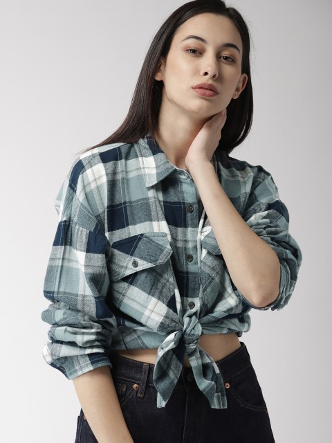 

FOREVER 21 Women Navy Blue & Green Regular Fit Checked Casual Shirt
