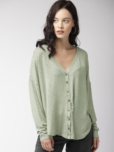 

FOREVER 21 Women Green & White Striped High-Low Top