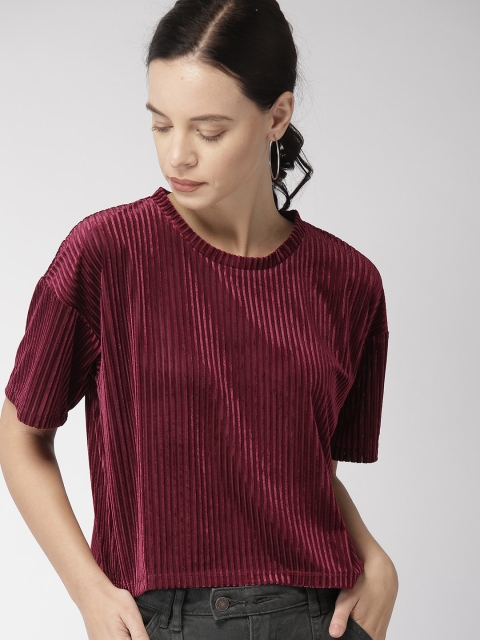 

FOREVER 21 Women Burgundy Self-Striped Velvet Top