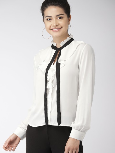 

FOREVER 21 Women White Ruffled Tie-Up Shirt Style Top