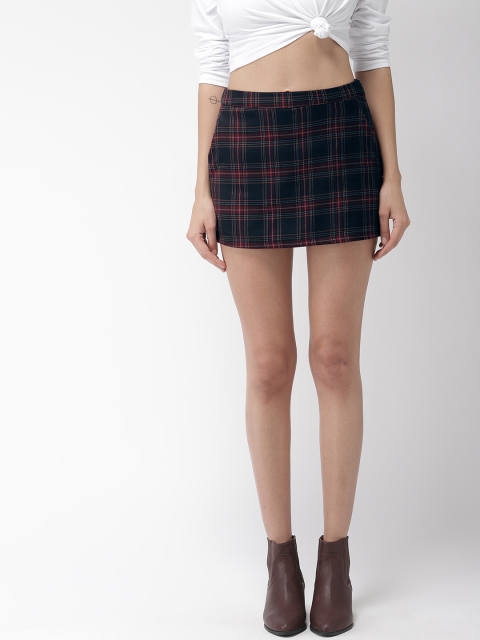 

FOREVER 21 Women Navy Blue & Red Checked Mini Skorts