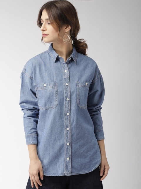 

FOREVER 21 Women Blue Regular Fit Solid Denim Casual Shirt