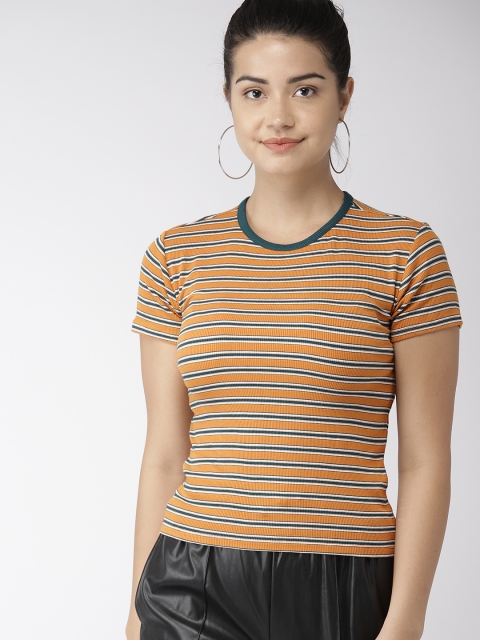 

FOREVER 21 Women Mustard Yellow & Green Striped Round Neck T-shirt