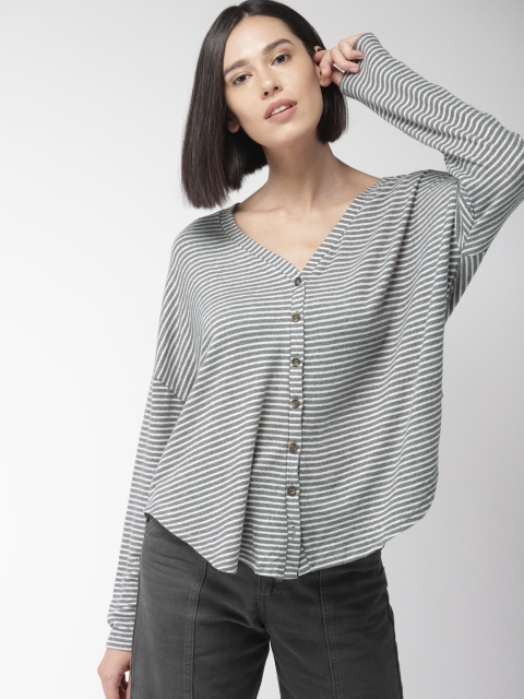 

FOREVER 21 Women Charcoal Grey & Off white Striped Boxy Top