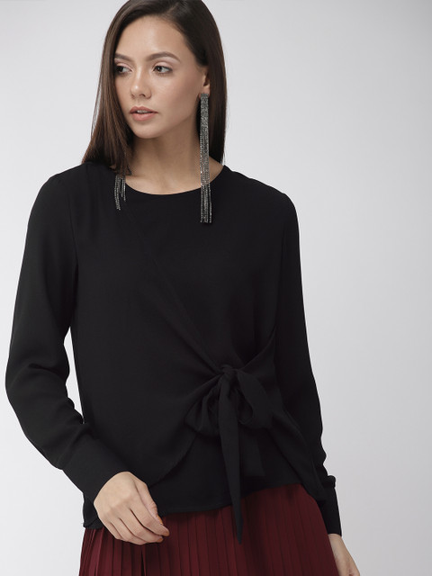 

FOREVER 21 Women Black Solid Tie-Up Top