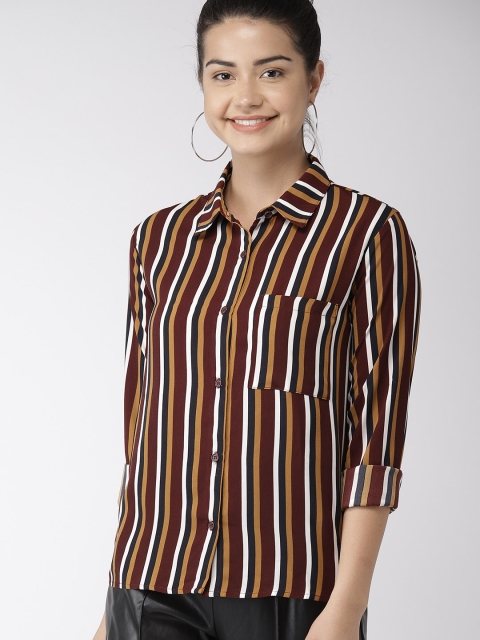 

FOREVER 21 Women Maroon & Mustard Yellow Regular Fit Striped Casual Shirt