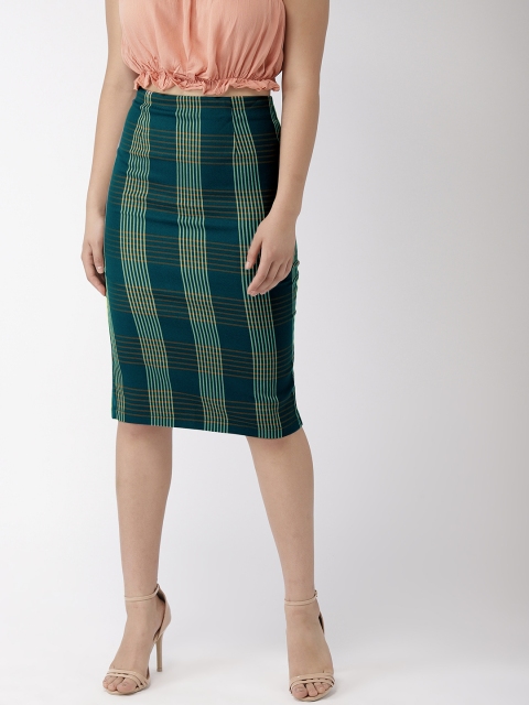 

FOREVER 21 Women Green & Light Yellow Coloured Checked Straight Knee Length Skirt