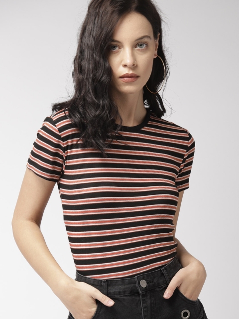 

FOREVER 21 Women Black & Orange Striped Tshirt