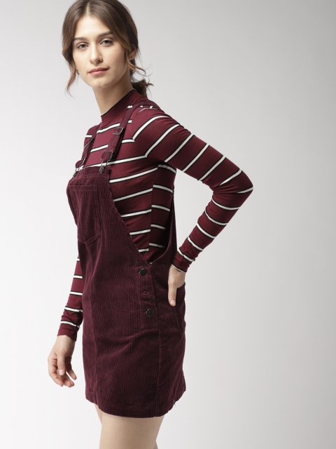 

FOREVER 21 Women Burgundy Solid Corduroy Pinafore Dress
