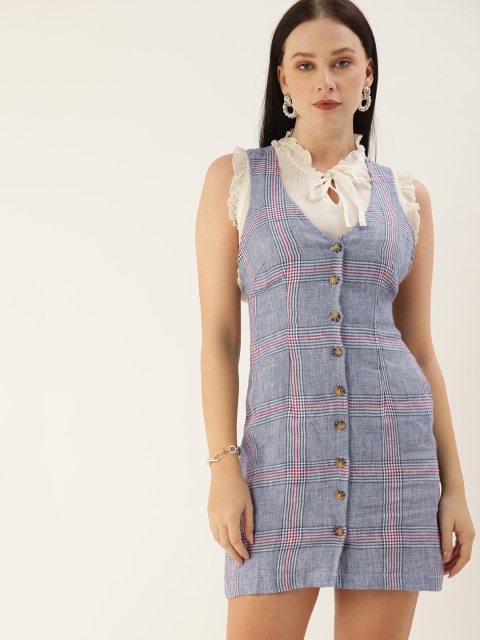 

FOREVER 21 Blue & Red Checked Linen Sheath Mini Dress