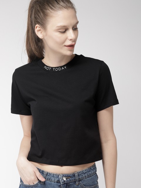 

FOREVER 21 Women Black Solid Round Neck Cropped T-shirt