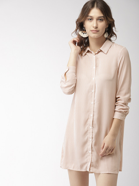 

FOREVER 21 Women White & Taupe Brown Striped Shirt Dress
