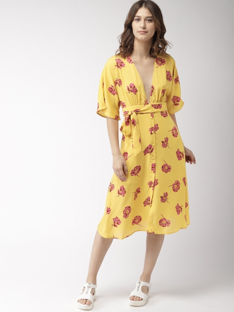 

FOREVER 21 Women Mustard Yellow & Pink Printed A-Line Dress