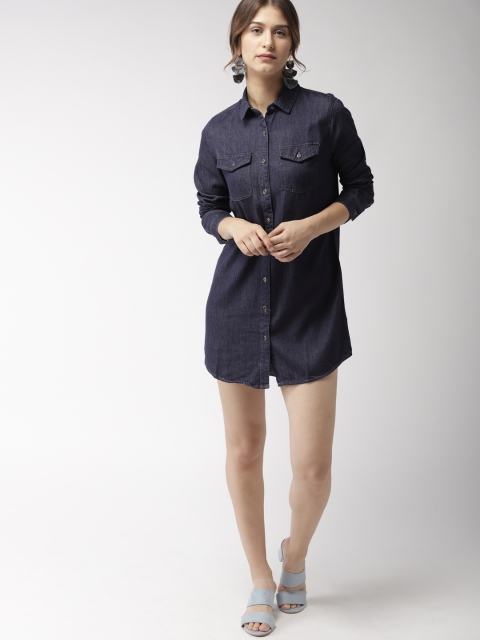 

FOREVER 21 Women Blue Solid Denim Shirt Dress