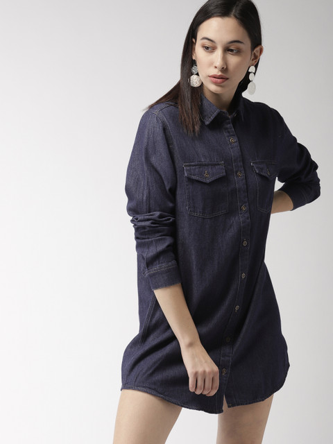 

FOREVER 21 Women Blue Solid Denim Shirt Dress