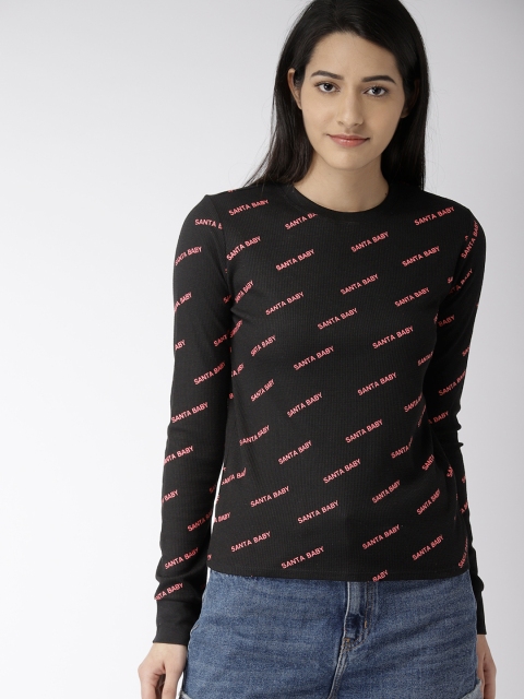 

FOREVER 21 Women Black Printed Round Neck T-shirt