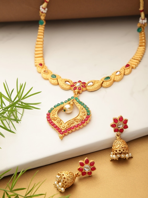 

YouBella Pink & Green Gold-Plated Stone-Studded Handcrafted Jewellery Set