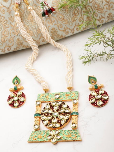 

YouBella Off-White & Sea Green Gold-Plated Enamelled Handcrafted Jewellery Set