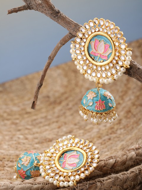 

YouBella Blue & Pink Gold-Plated Enamelled Handcrafted Dome Shaped Jhumkas