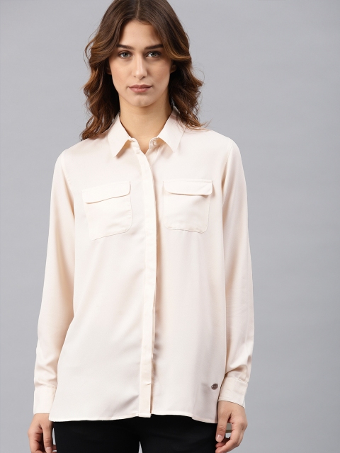 

French Connection Women Cream-Coloured Regular Fit Solid Casual Crepe Shirt