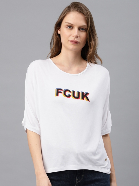 

French Connection Women White Printed Round Neck T-shirt