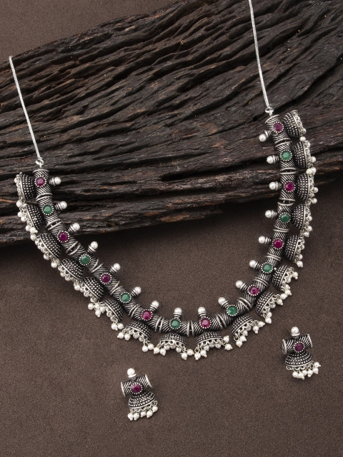 

Rubans Oxidised Silver-Plated Faux Ruby And Emerald Studded Temple Jewellery Set