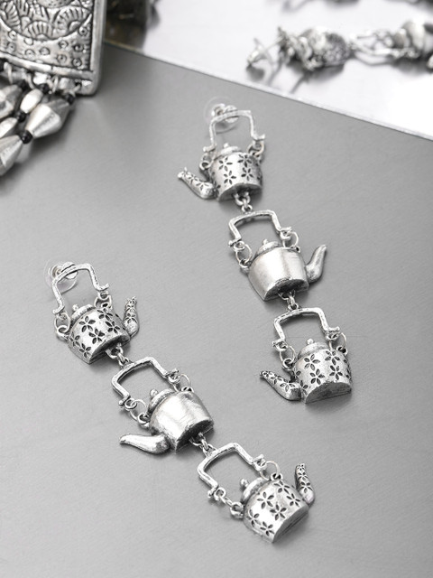 

Infuzze Oxidised Silver-Toned Brass-Plated Kettle-Shaped Drop Earrings