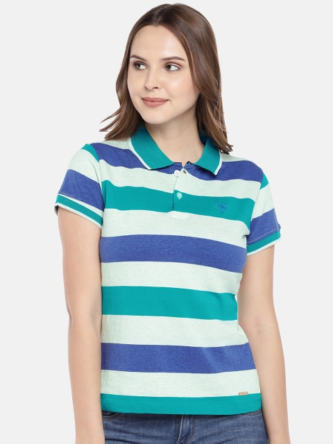 

Manola Women Green & Blue Striped Polo Collar T-shirt
