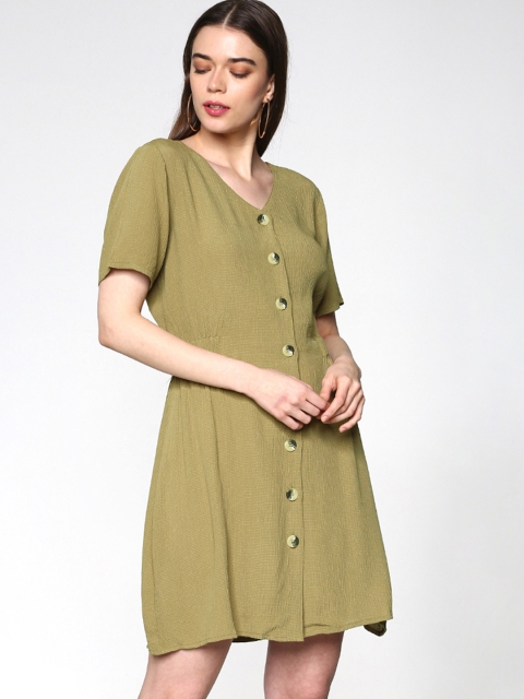 

ONLY Women Olive Green Solid A-Line Dress