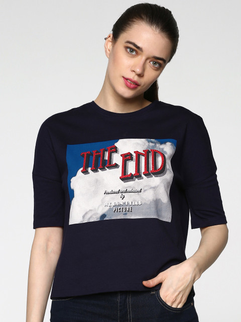 

ONLY Women Navy Blue Printed Round Neck T-shirt