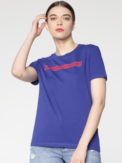 

ONLY Women Blue Printed Round Neck T-shirt